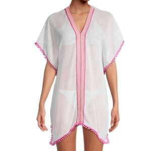 LIKE NEW Semisheer White and Pink Pom Pom Swim Beach Pool Cover-Up